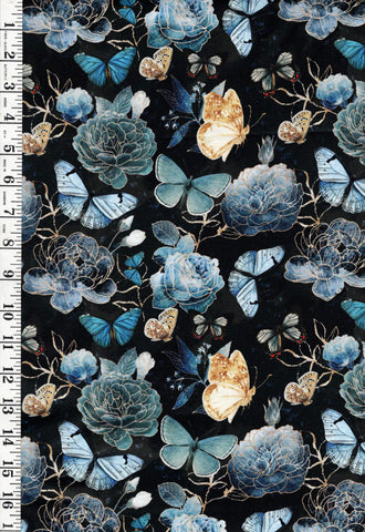 *Asian - Gilded Wings - Butterflies, Peonies & Roses - 5076-05 - Black - By the Half Yard