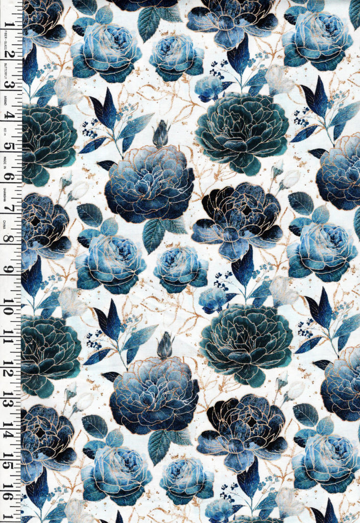 *Asian - Gilded Wings - Peonies & Roses - 5076-11 - White - By the Half Yard