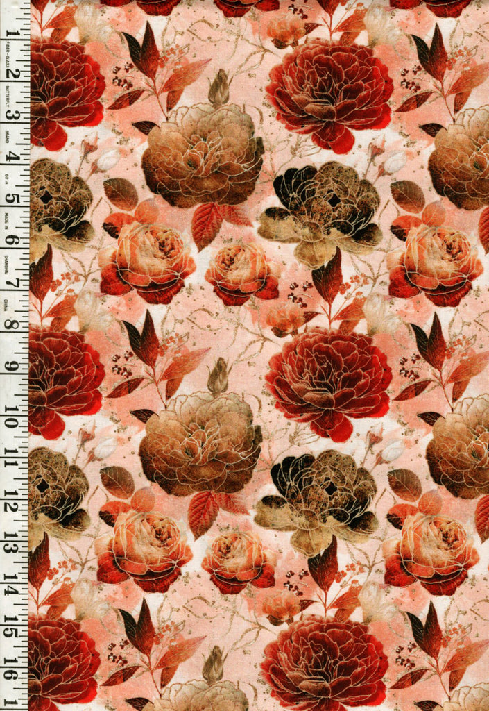 *Asian - Gilded Wings - Peonies & Roses - 5076-12 - Terracotta - By the Half Yard