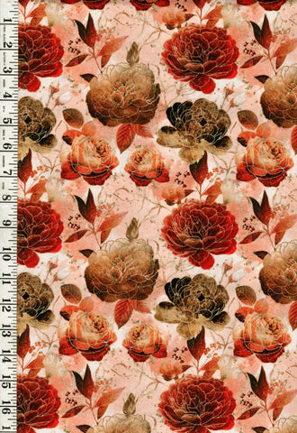 *Asian - Gilded Wings - Peonies & Roses - 5076-12 - Terracotta - By the Half Yard