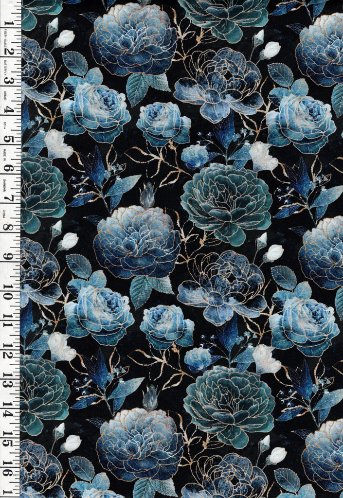 *Asian - Gilded Wings - Peonies & Roses - 5076-13 - Black - By the Half Yard