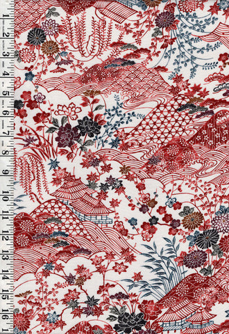 525 - Japanese Silk - Country Hillside, Cherry Blossoms, Maple Leaves & Peonies - Ivory