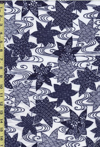 Yukata Fabric - 601 - Leaves & River Swirls - Indigo & White - Last 2 5/8 Yards