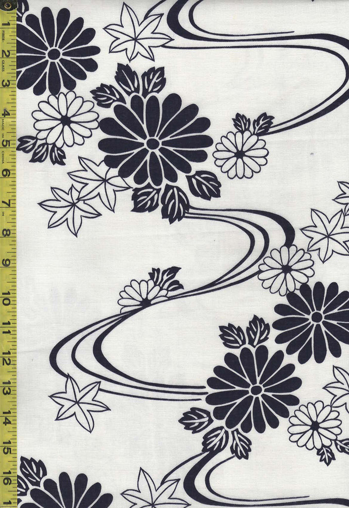 Yukata Fabric - 882 - Daisies, Maple Leaves & River Swirls - White