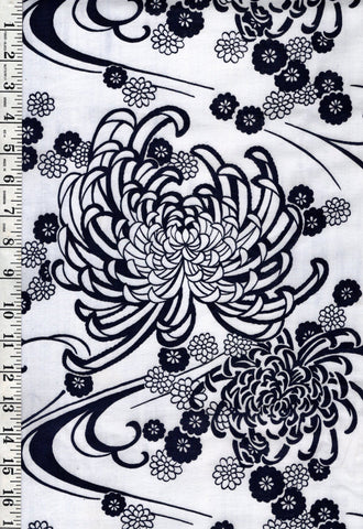 Yukata Fabric - 904 - Large Mums & River Swirls - White