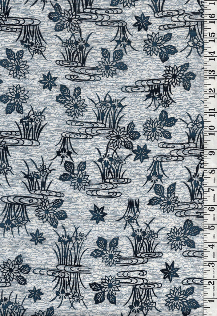 Yukata Fabric - 908 - Baby Iris, River Swirls & Floating Maple Leaves - Blue Gray