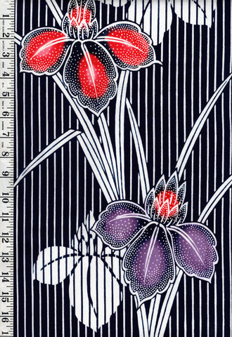 Yukata Fabric - 913 - Large Colorful Iris & Pinstripe - Indigo