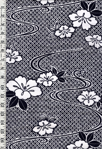 Yukata Fabric - 919 -  Floral RIver Swirls - Indigo & White