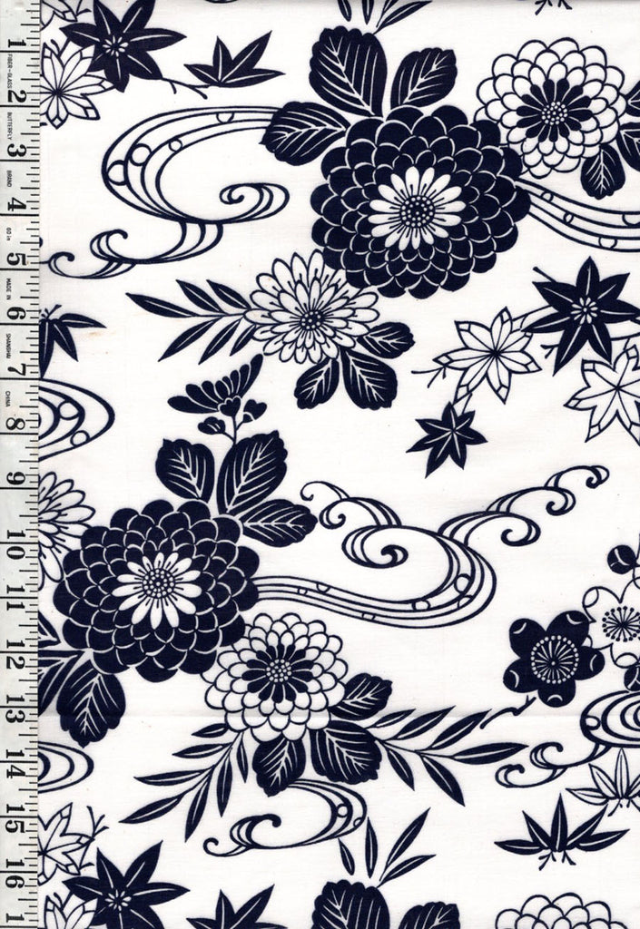 Yukata Fabric - 922 - Mums, Maple Leaves & Swirls - White