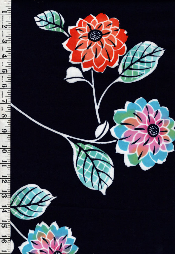 Yukata Fabric - 929 - Colorful Stylized Mums - Indigo