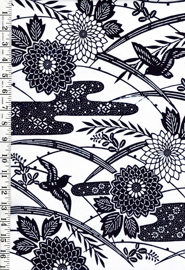 Yukata Fabric - 937 - Birds, Mums & Leafy Branches - White