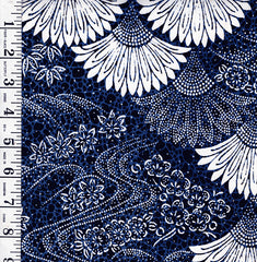 Yukata Fabric - 940 - Stylized Fans, Blossoms, & River Swirls - Indigo Blue