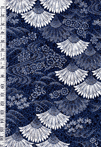 Yukata Fabric - 940 - Stylized Fans, Blossoms, & River Swirls - Indigo Blue