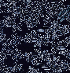 Yukata Fabric - 944 - Scenic Floral Garden & Maple Leaves - Indigo