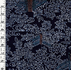 Yukata Fabric - 944 - Scenic Floral Garden & Maple Leaves - Indigo