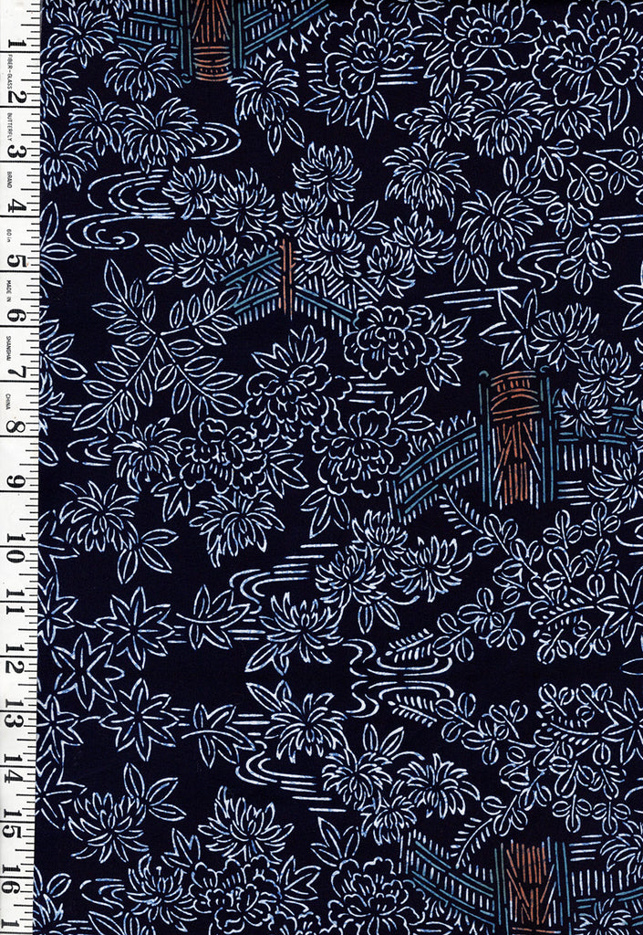 Yukata Fabric - 944 - Scenic Floral Garden & Maple Leaves - Indigo