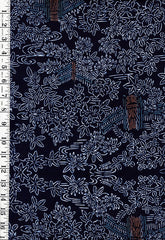 Yukata Fabric - 944 - Scenic Floral Garden & Maple Leaves - Indigo