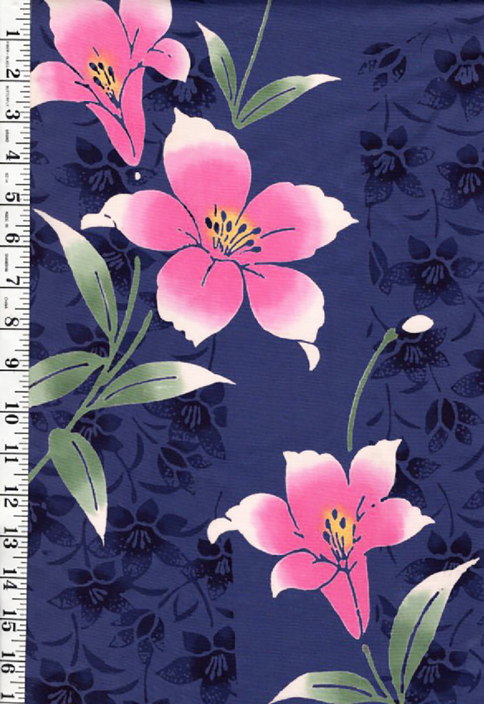 Yukata Fabric - 949 - Pink Day Lilies - Dark Periwinkle Blue