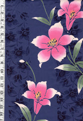 Yukata Fabric - 949 - Pink Day Lilies - Dark Periwinkle Blue