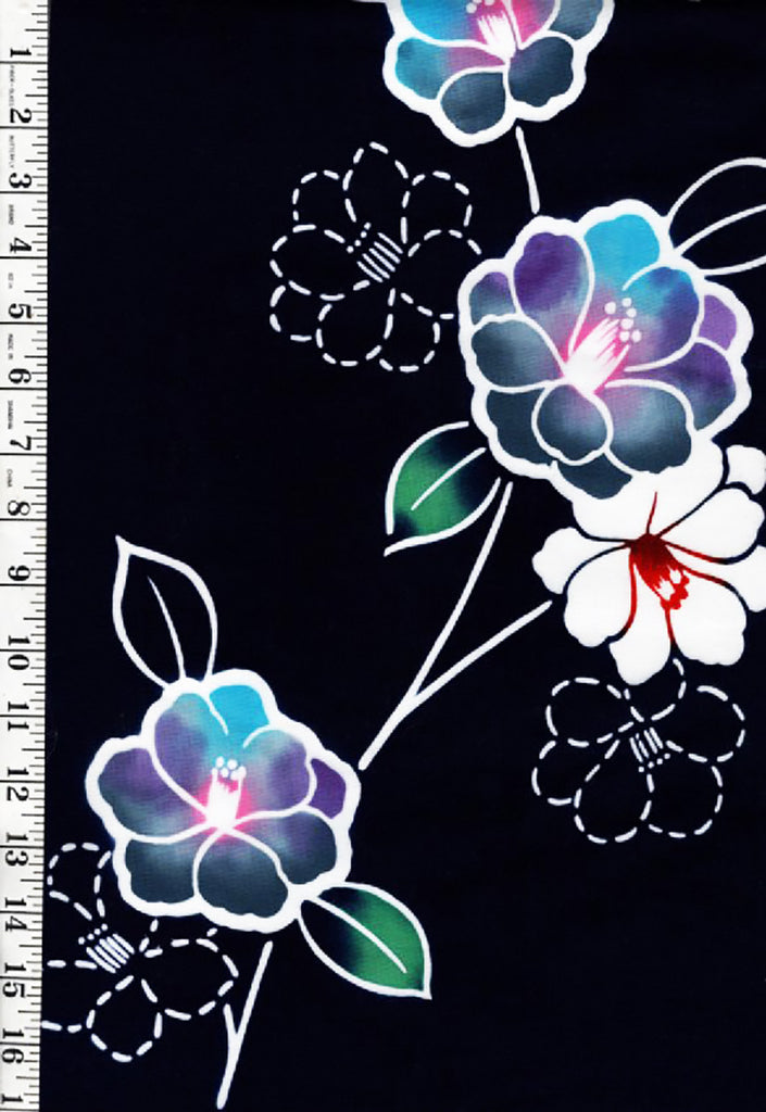 Yukata Fabric - 953 - Camelia with Sashiko-Like Stitches - Indigo