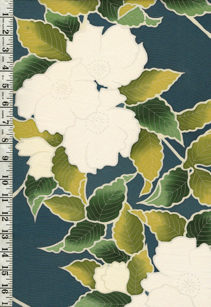 985- Japanese Silk - Beautiful White Floral - Blue