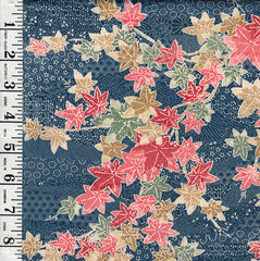989- Japanese Silk - Colorful Maple Leaves with Japanese Motifs - Blue