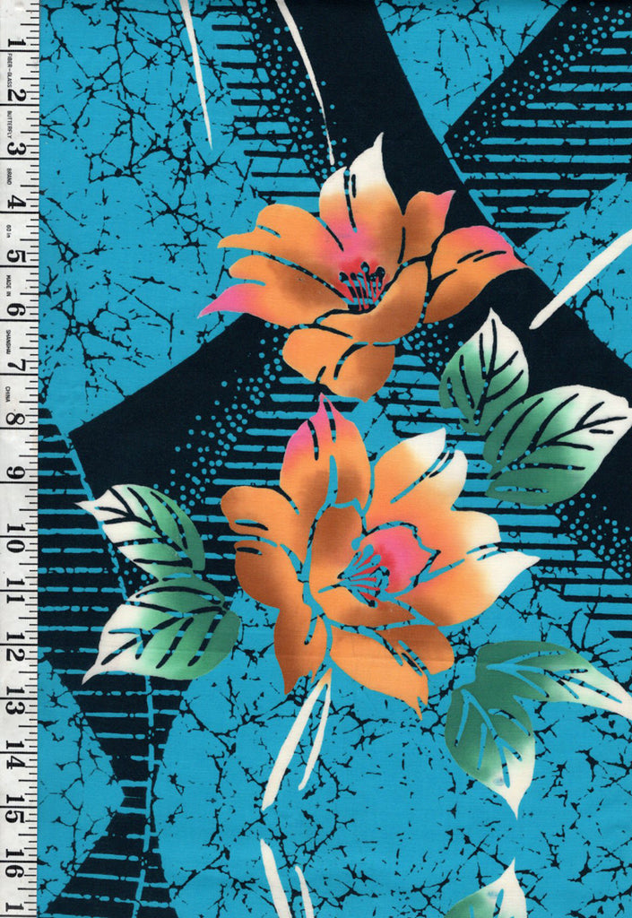 Yukata Fabric - 889 - Colorful Flowers on Abstract Geometrics - Turquoise
