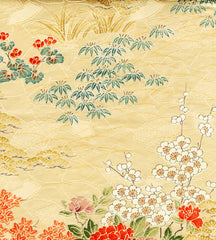 992- Japanese Silk - Peonies, Cherry Blossoms & Bamboo Leaves - Very Soft Butter Yellow