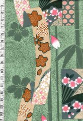 Yukata Fabric - 996 - Cherry Blossom Ribbons & Fans - Traditional 14" wide - Green