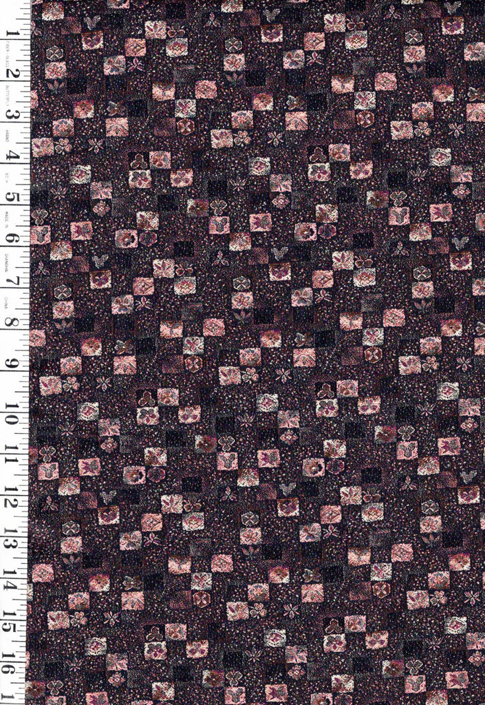 1008- Japanese Silk - Silk Blend - Small Floral Checkerboard - Brown, Maroon