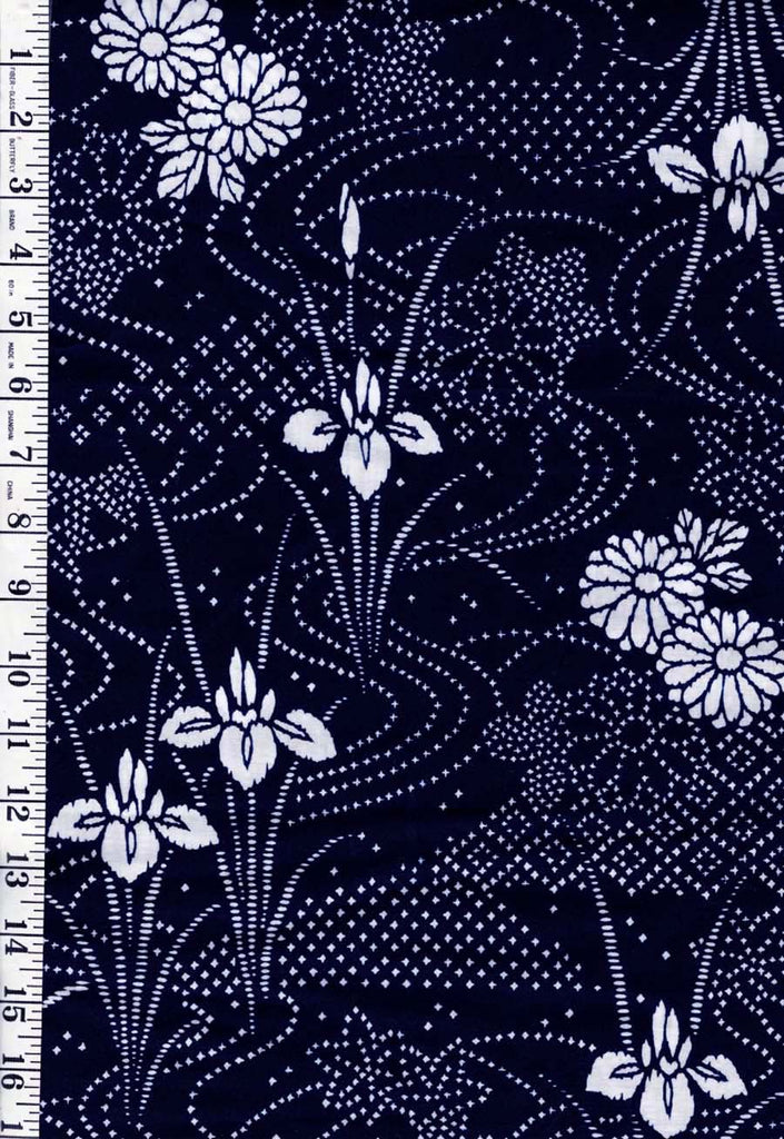 Yukata Fabric - 998 - Iris, Mums & River Swirls - Traditional 14" wide - Indigo