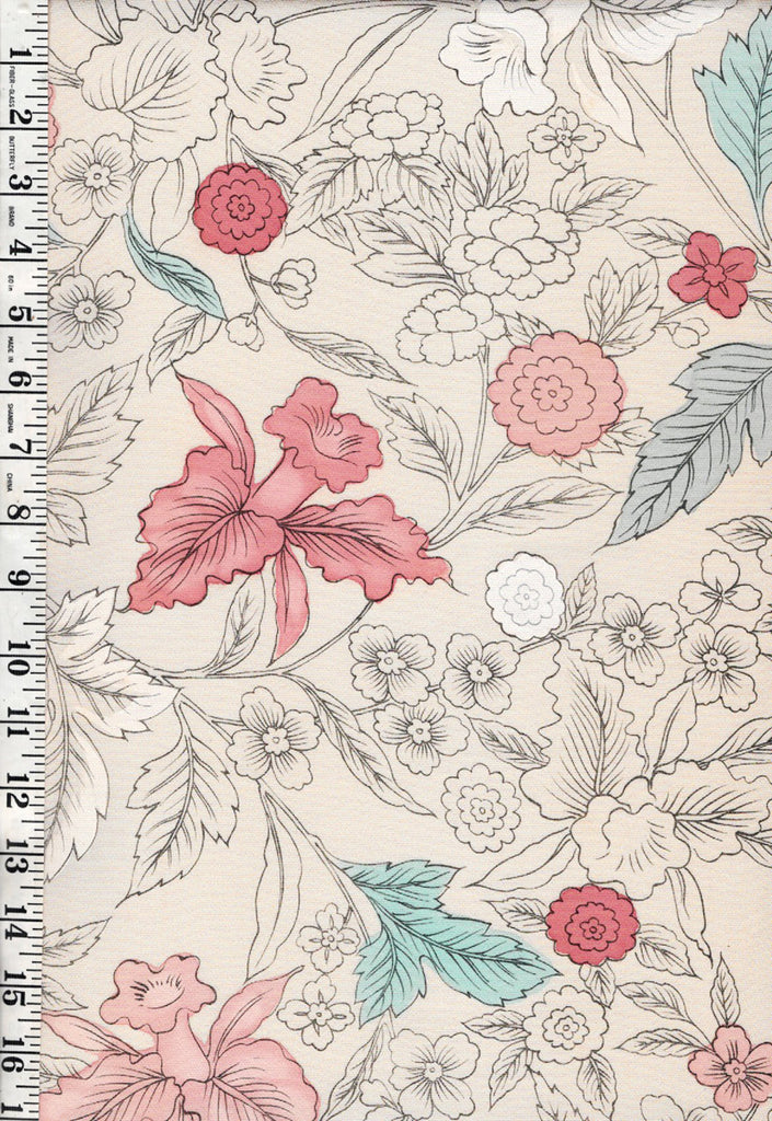 0998 - Japanese Silk - Silk Blend - Stylized Flowers & Leafy Branches - Soft Beige