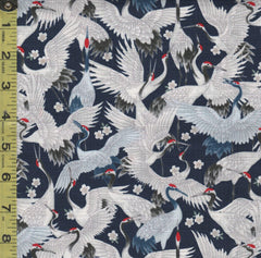 Japanese - Cosmo Small Cranes & Cherry Blossoms - Dobby Weave - AP21406-1E - Navy - Last 2 3/8 Yards