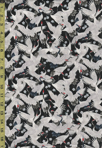 *Japanese - Cosmo Small Cranes & Cherry Blossoms - Dobby Weave - AP21406-1F - Black - Last 1 1/8 Yards