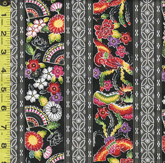 Japanese - Cosmo - Okinawa Bingata Style - Fans & Floral Stripe - AP25906-3E - Black - Last 2 yards