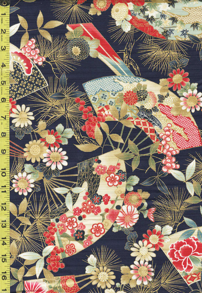 *Japanese - Cosmo Floral Fans & Pine Boughs - Dobby Weave - AP31701-2E - Navy