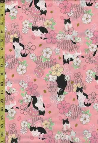 *Japanese Novelty - Cosmo Tuxedo Cats & Floating Plum Blossoms - AP31908-2B - Pink - Last 2 3/4 Yards