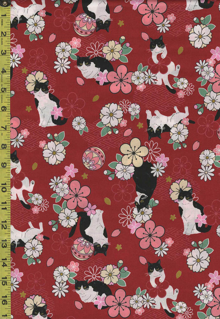 *Japanese Novelty - Cosmo Tuxedo Cats & Floating Plum Blossoms - AP31908-2C - Red - Last 2 Yards