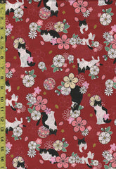 *Japanese Novelty - Cosmo Tuxedo Cats & Floating Plum Blossoms - AP31908-2C - Red - Last 2 Yards