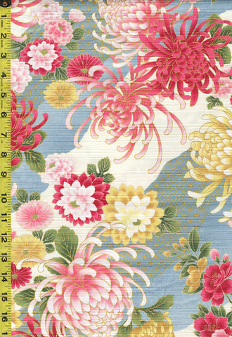 *Japanese - Cosmo Chrysanthemums & Peonies - Shantung Dobby Weave - AP32703-1A - Blue