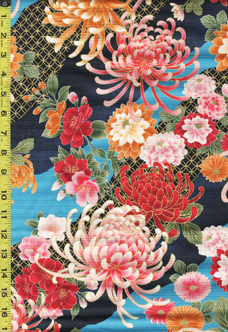 *Japanese - Cosmo Chrysanthemums & Peonies - Shantung Dobby Weave - AP32703-1D - Turquoise Blue