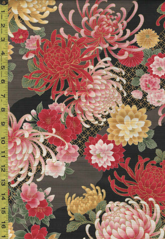 *Japanese - Cosmo Chrysanthemums & Peonies - Shantung Dobby Weave - AP32703-1E - Gray