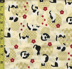 *Japanese Novelty - Cosmo Small Tuxedo Cats, Plum Blossoms & Japanese Motif Balls - AP32905-2A - Soft Butter Yellow