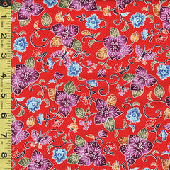 *Japanese - Cosmo Okinawa Bingata Style - Pretty Leafy Floral & Small Butterflies - AP35904-1D - Red