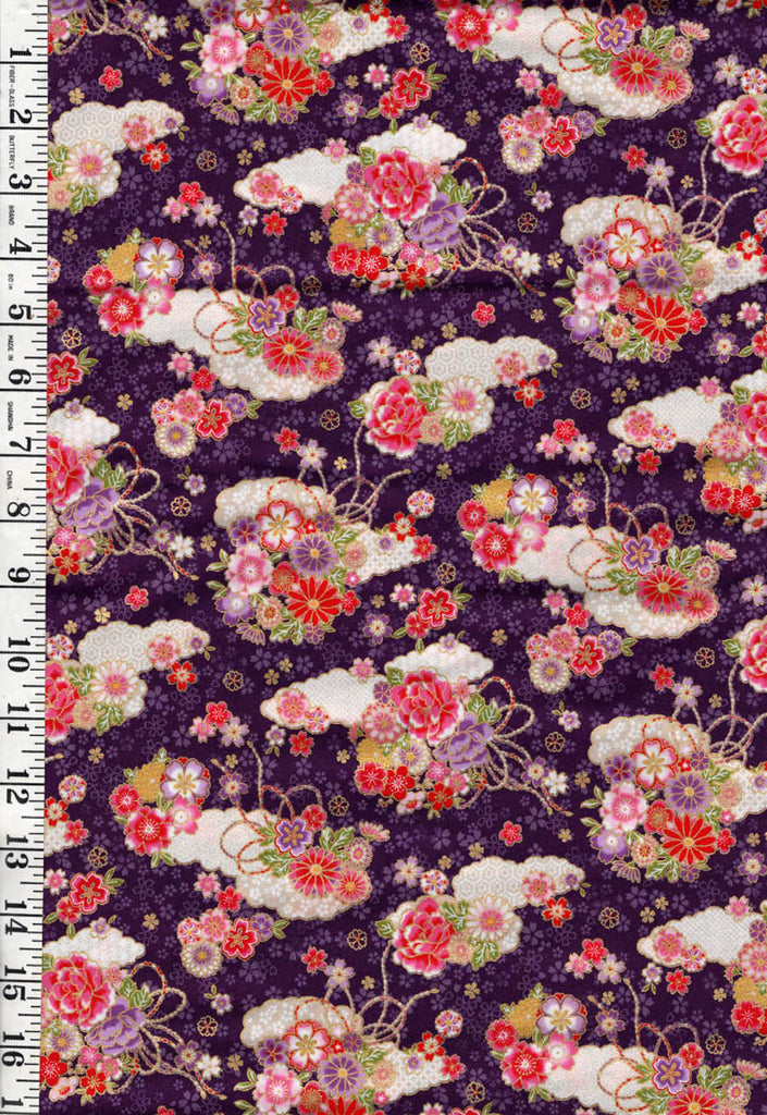 *Japanese - Cosmo Small Clouds with Floral Bouquets - AP42210-1B - Purple