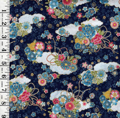 *Japanese - Cosmo Small Clouds with Floral Bouquets - AP42210-1C - Navy