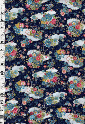 *Japanese - Cosmo Small Clouds with Floral Bouquets - AP42210-1C - Navy