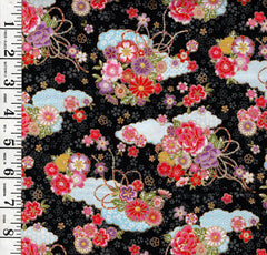 *Japanese - Cosmo Small Clouds with Floral Bouquets - AP42210-1E - Black