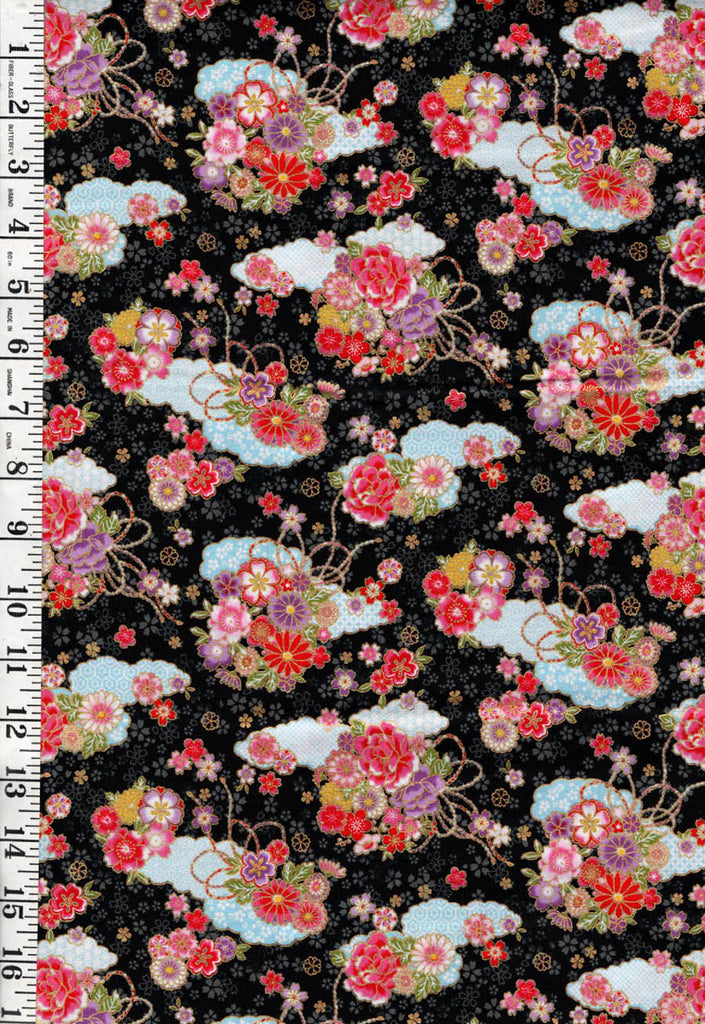 *Japanese - Cosmo Small Clouds with Floral Bouquets - AP42210-1E - Black