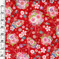 Japanese - Cosmo Floral Bouquets, Fans & Butterflies - AP45108-2C - Red - By the Half Yard